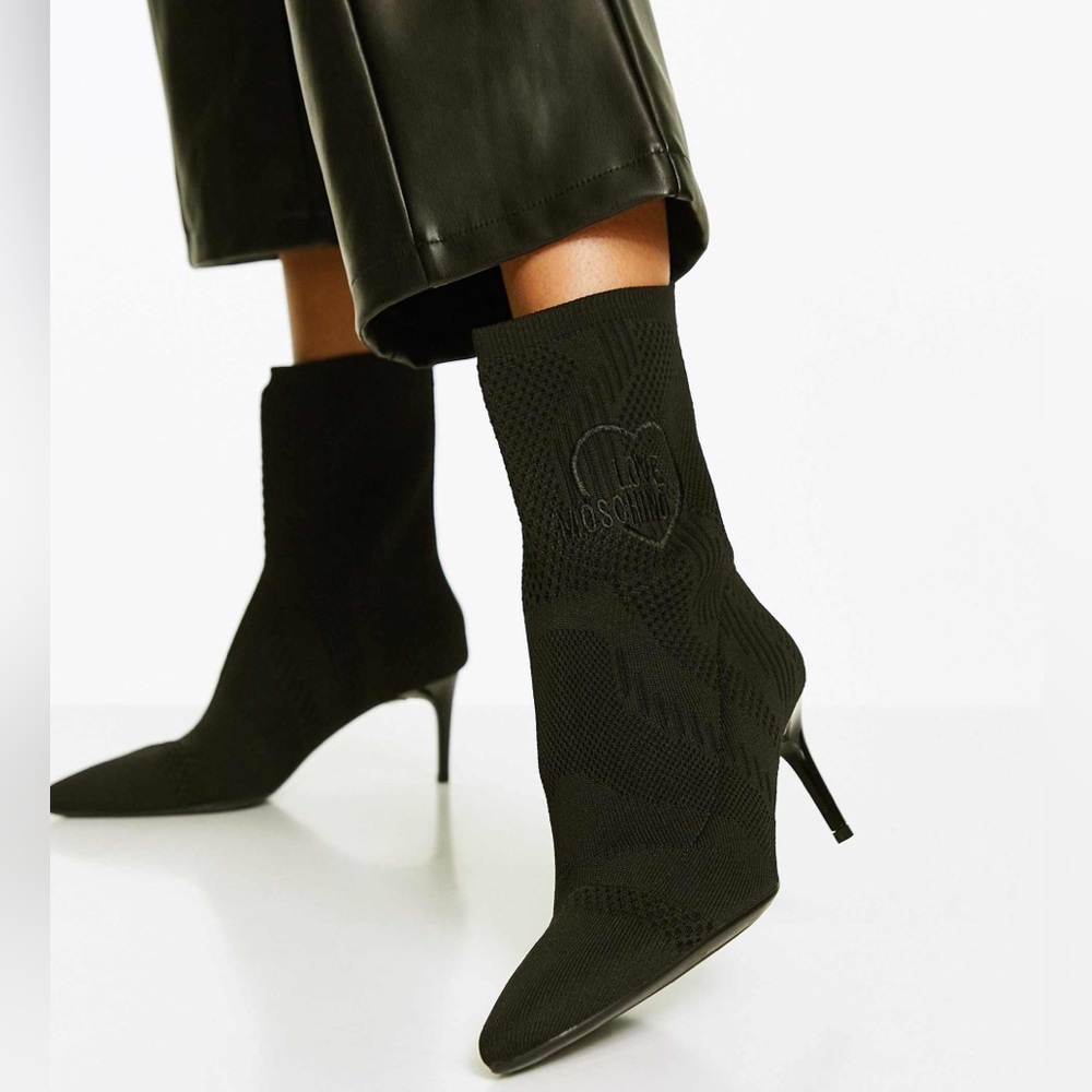 NWOB! Love Moschino Sock Boots Black High Heels Size 37 Made In Italy